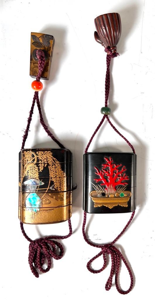 2 Japanese Lacquer Four Case Inro, Antique: 2 Japanese Antique Inro, probably dating to the Edo Period (1615-1868) one decorated with a bonzai, the other with a scarecrow in a rice field. Inro were once worn on a Obi or waist band. A netsuke, t