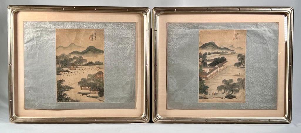 Pair of Chinese Antique Paintings: Pair of Chinese Antique Paintings depict summer scenes by a lake. The compositions, perhaps from an album of paintings, are delicately painted on silk and include willows, pavilions, travelers or frie