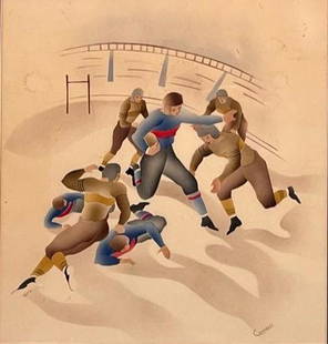 Charles Campbell Football Game Pochoir: Charles Campbell (American 1905-1985) Football Game, pochoir stencil on paper, signed in ink, lower right, matted and framed. Dimensions: 15 x 14 in. 23 x 22 in. as framed. Condition: Some light han