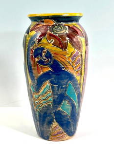 Patricia A. Findeisen Decorated Shearwater Pottery Vase: Patricia A. Findeisen (American, b. 1933) Shearwater Pottery Vase, 2011, Ocean Springs, MD, of baluster form decorated with stylized female nudes in colorful glazes on an abstract geometric ground. Va