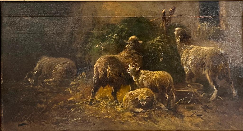 19thc. Signed Continental School Oil, Sheep in a Barn (1 of 6)