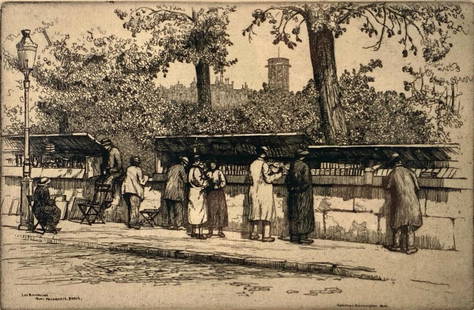 Caroline Armington Etching, Les Bouquins, Quai Malaquais, Paris: Caroline Armington (Canadian 1875-1939) Les Bouquins, Quai Malaquais, Paris, 1925, etching on laid paper, signed in pencil lower right, numbered 171 lower left, signed and titled in the plate, matted