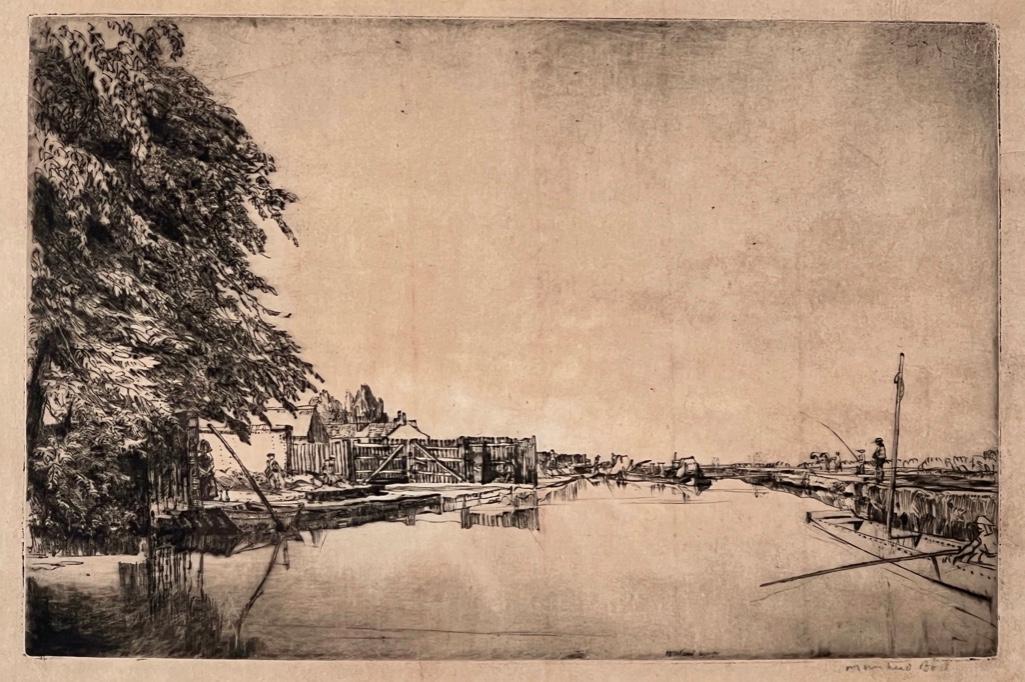 Sir Muirhead Bone Etching, Oxford Shire: Sir Muirhead Bone (British, 1876-1953) Oxford Shire, etching, second state of 4; 49 proof, signed in pencil lower right. A Scottish artist, Bone became the first British War artist in June, 1916. Duri