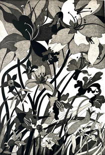 Phyllis J. (PJ) Rogers Aquatint, Lilies: Phyllis J. (PJ) Rogers (American, b. 1935) Lilies, aquatint, signed lower right and numbered, 3/10. Unframed Dimensions: 36 1/2" x 28"; print: 27" x 19" Condition: Excellent Conditio