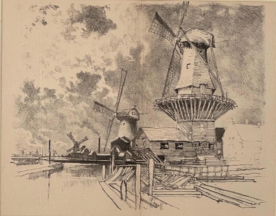 Joseph Pennell Lithograph, Windmills near Rotterdam, 1898 (1 of 4)