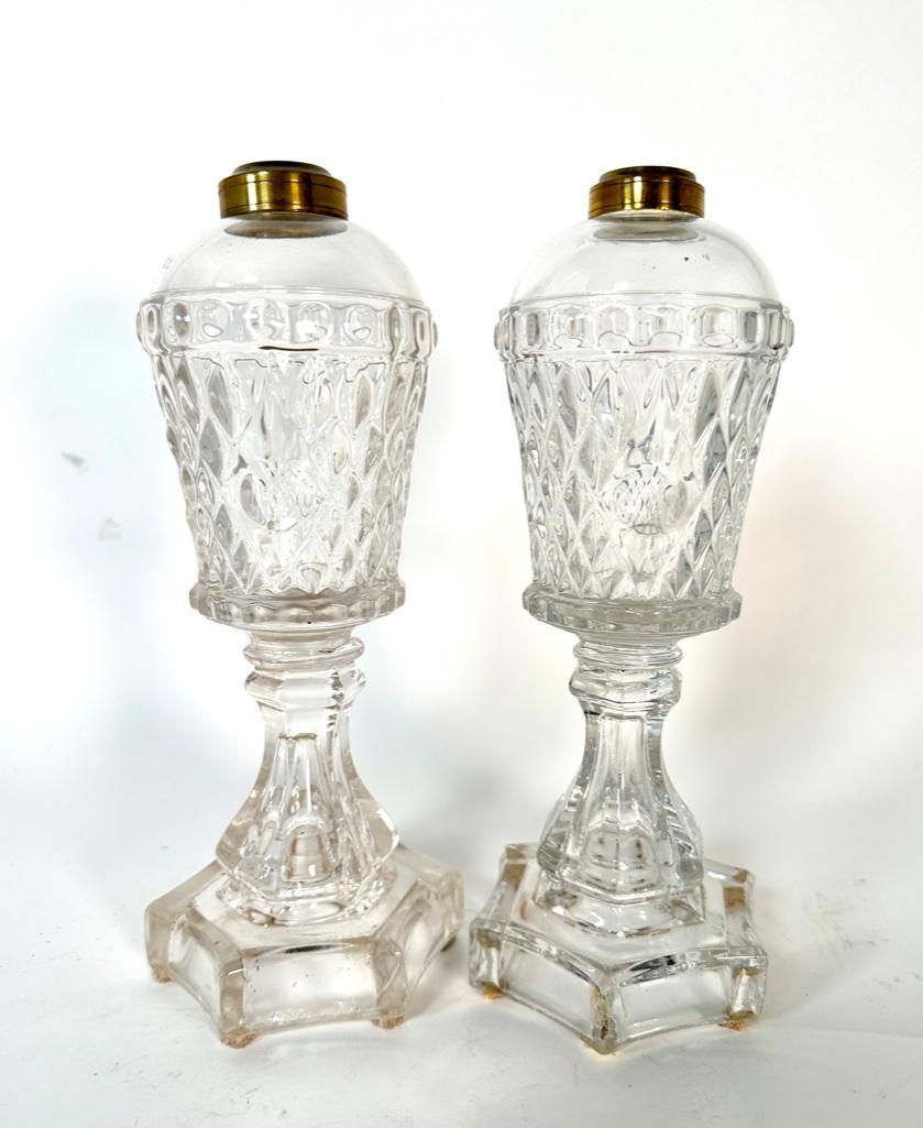 Pair of Sandwich Early American Pressed Glass Oil Lamps (1 of 9)
