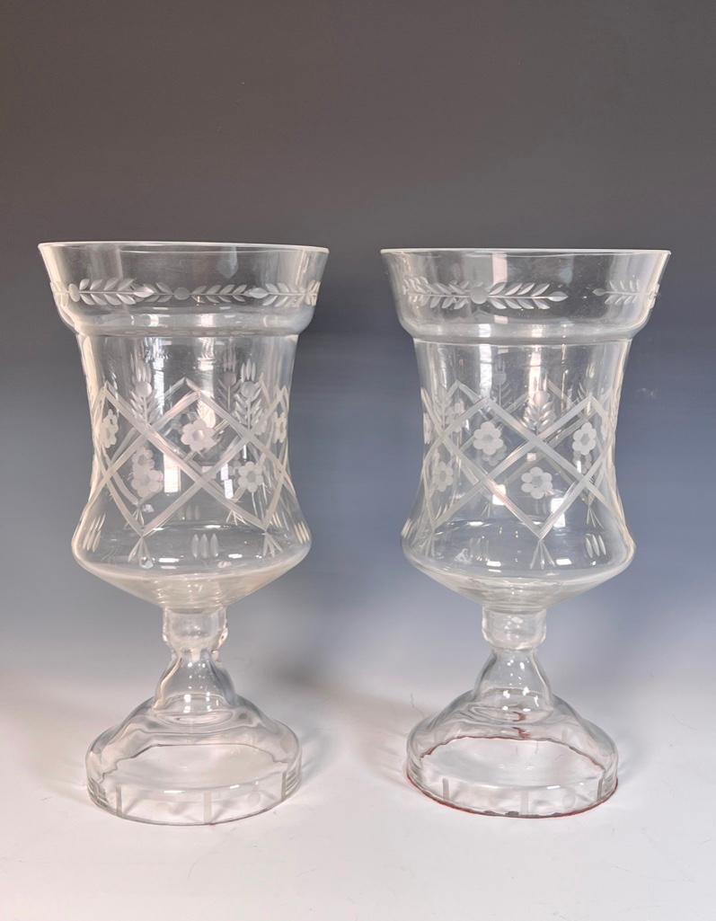 Pair of Blown and Etched Glass Hurricanes (1 of 9)