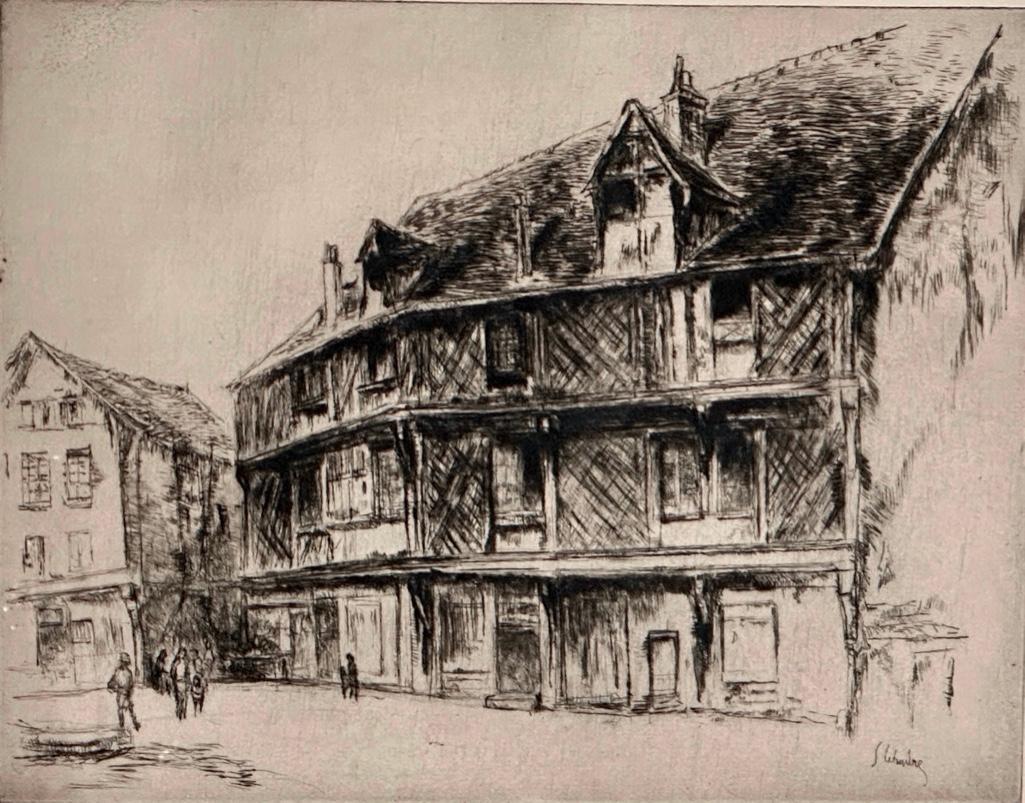 Gustave Leheutre Drypoint, Maison des Saissons a Chartres: Gustave Leheutre (French 1861-1932) Maison des Saissons a Chartres, drypoint, signed in pencil lower right, inscribed and numbered, No.63, with blindstamp, matted and framed. Dimensions: 8.25 x 10.75