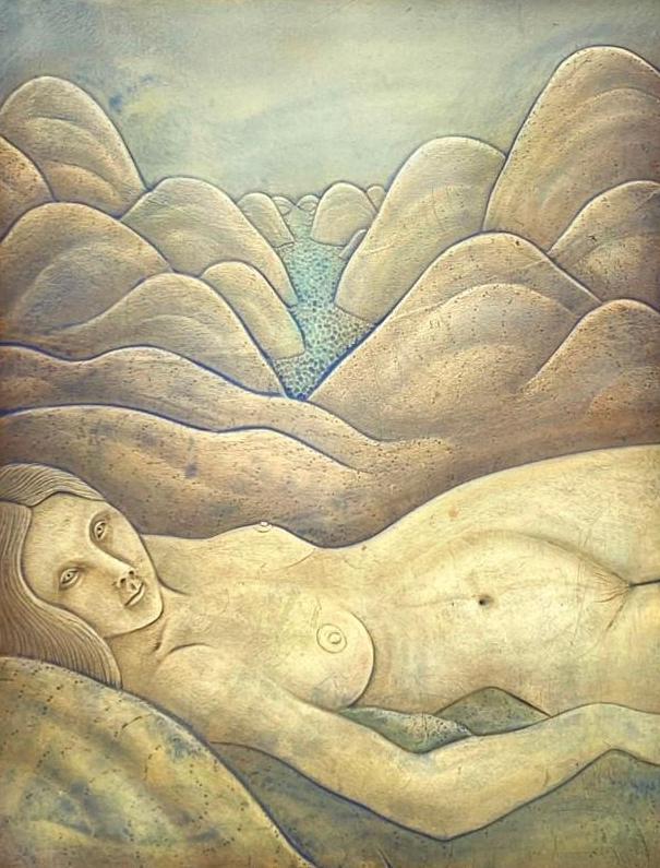 Gary Spinosa Porcelain Relief Sculpture: Gary Spinosa (American b.1947) Reclining Nude in Mountain Landscape, 1981, pigmented porcelain relief, signed and dated lower right, framed. Dimensions: 16.5 x 12.5 in. image size, 20.25 x 16.5 in. a