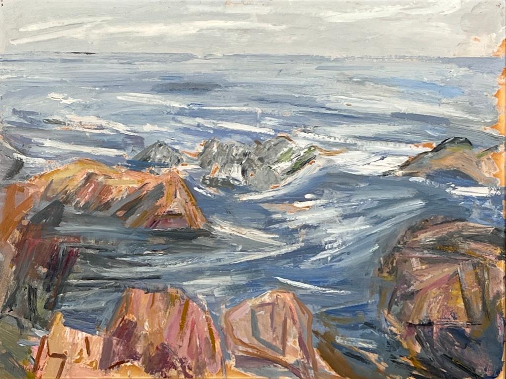 Harriet Fitzgerald Oil, Rocky Coast: Harriet Fitzgerald (American 1904-1984) Rocky Coast, oil on masonite, signed lower left, framed. Dimensions: 17.7 x 23.5 in. panel size, 25 x 31 in. as framed. Condition: Very good with no damage or