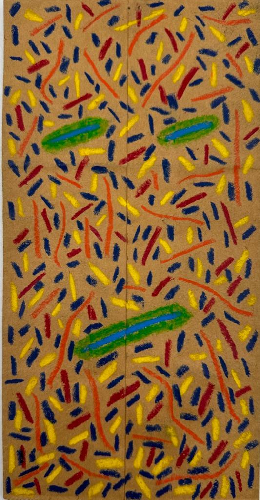 Rafael Ferrer Crayon Drawing, Mask: Rafael Ferrer (Puerto Rico/U.S. born 1933), Mask. Crayon on brown paper bag, dated on reverse Jan. 1, 1973 with artist's initials "R.F." Dimensions: 19.5 in h x 4.75 in w. Condition: Two thumbtac