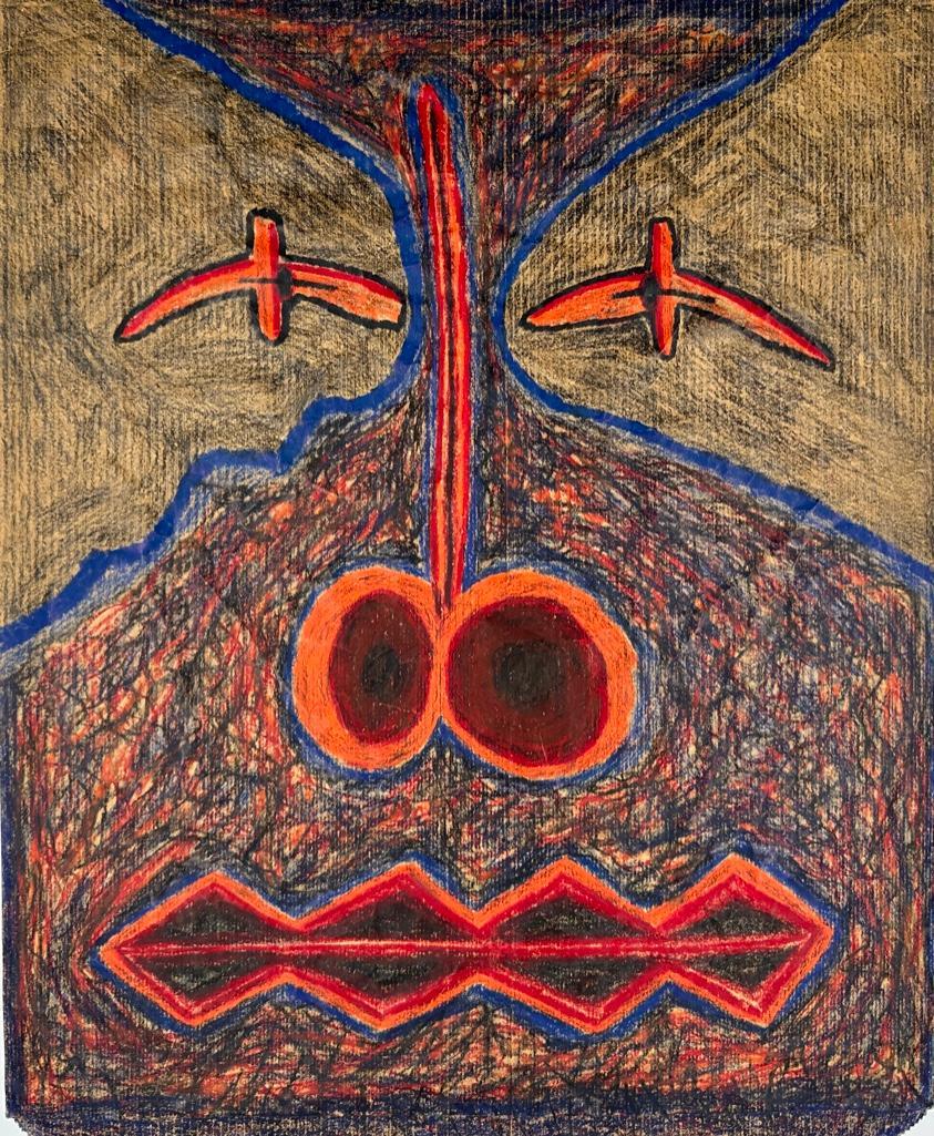 Rafael Ferrer Crayon Drawing, Mask: Rafael Ferrer (Puerto Rico/U.S. born 1933) Mask, Crayon on paper bag, dated on reverse Sept 30 #2 with artist's initials "R.F." Dimensions: 18.25 in h x 14.75 in w. Conditions: A few tiny pin hole