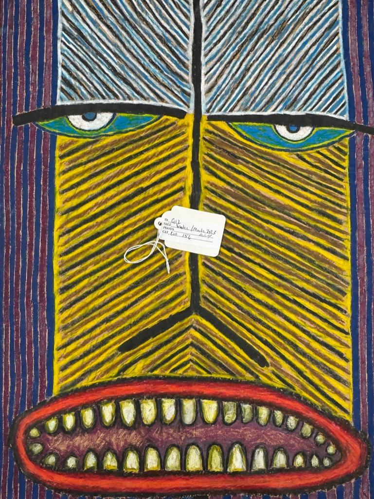 Rafael Ferrer Crayon Drawing, Face: Rafael Ferrer (Puerto Rico/U.S. born 1933) Face, Crayon on paper bag. Dated Sept 26. - 1973. on reverse with artist's initials "R.F.". Dimensions: 24.5 in h x 16.75 in w. Condition: A few very sma