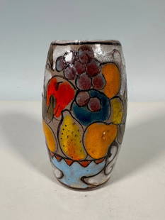 Elio Schiavon Glazed Ceramics Vase, Still Life: Elio Schiavon Glazed Ceramics Vase, Still Life, c.1950&#39;s, bulbous cylindrical form decorated with a pedestal bowl filled with fruits in bright glazes. Signed Schiavon Capri to the base.  Dimension