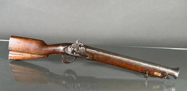 1860 Italian Percussion Blunderbuss With Griffon Hammer: Replaced trigger guard, overly cleaned at one time, crude repairs, engraved barrel Ano 1860, apprx 25-1/2&#34;.