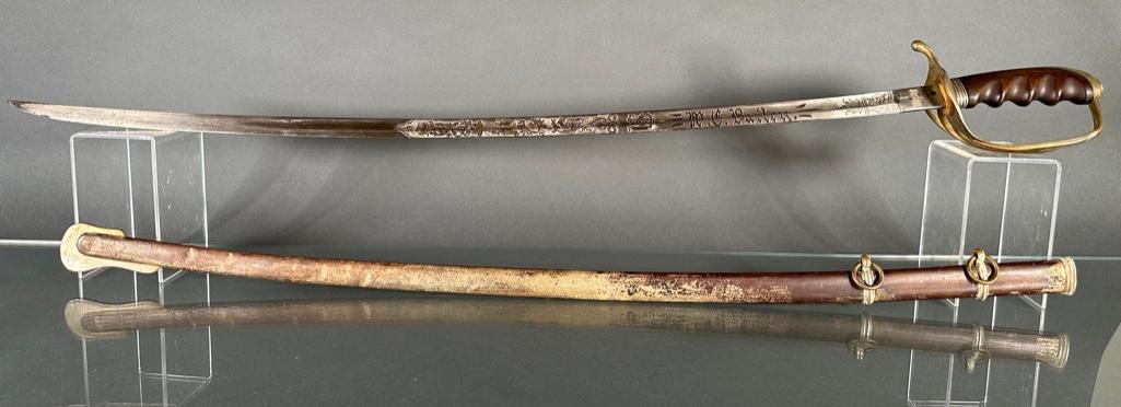 U. S. Model 1902 Officer's Saber by W. C. Crowland, Philadelphia: Owned by W. C. Bailey as etched on blade, W.C. Crowland, Philadelphia Military Academy, horn grip, plated brass guard, metal scabbard, apprx 37"L. Condition: very good with wear.