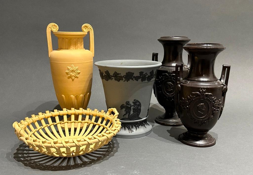 Assorted Lot of Neoclassical Ceramics: Assorted Lot of Neoclassical Ceramics, including German/Bohemian Neoclassical Caneware, comprising a Krater Volute vase with applied relief of Hebe, goddess of youth and Wilhelm Schillert & Sons b