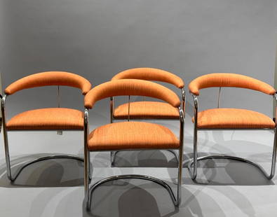 Four Anton Lorenz for Thonet Chromed Steel Armchairs: Four Anton Lorenz for Thonet Tubular Chromed Steel Armchairs, with curved upholstered backs over upholstered seats on a cantilevered base, in salmon colored linen upholstery. Dimensions: 29.5 in.h. x