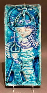 Elio Schiavon, Madonna and  Child Crowned Ceramic Tile: Elio Schiavon ceramic tile, Mid Century, decorative glazed tile, Madonna and Child Crowned, signed on reverse, "Schiavon, Italia, G. Apprea, IL- Gabbiano Capri". Turquoise and blue glaze.   Dimensions