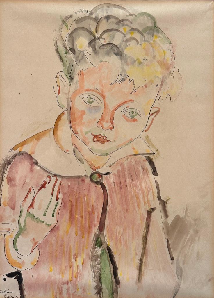 William Sommer Watercolor, Portrait of a Boy: William Sommer (American 1867-1949) Portrait of a Boy, pen and ink and watercolor on paper, signed in ink lower left, matted and framed. Dimensions: 14.5 x 10.5 in. image size, 23 x 19 in. as framed.