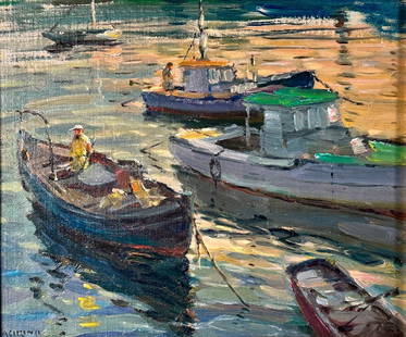 Antonio Cirino Oil, Rockport Harbor With Fishing Boats: Antonio Cirino (American 1888-1983) Rockport Harbor Scene with Fishing Boats, oil on artist's board, signed lower left, framed. Dimensions: 9.5 x 11.5 in. canvas size, 15 x 17 in. as framed. Con