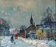 Antonio Cirino Oil, Village Street in Winter with Figure and Dog