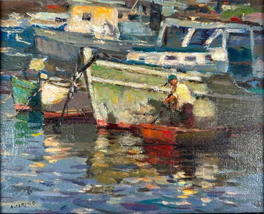 Antonio Cirino Oil, Boats in the Harbor: Antonio Cirino (American 1888-1983) Boats in the Harbor, oil on artist's board, signed lower left, framed. Dimensions: 7.5 x 9.5 in. canvas size, 14 x 16 in. as framed. Condition: Very good, wit