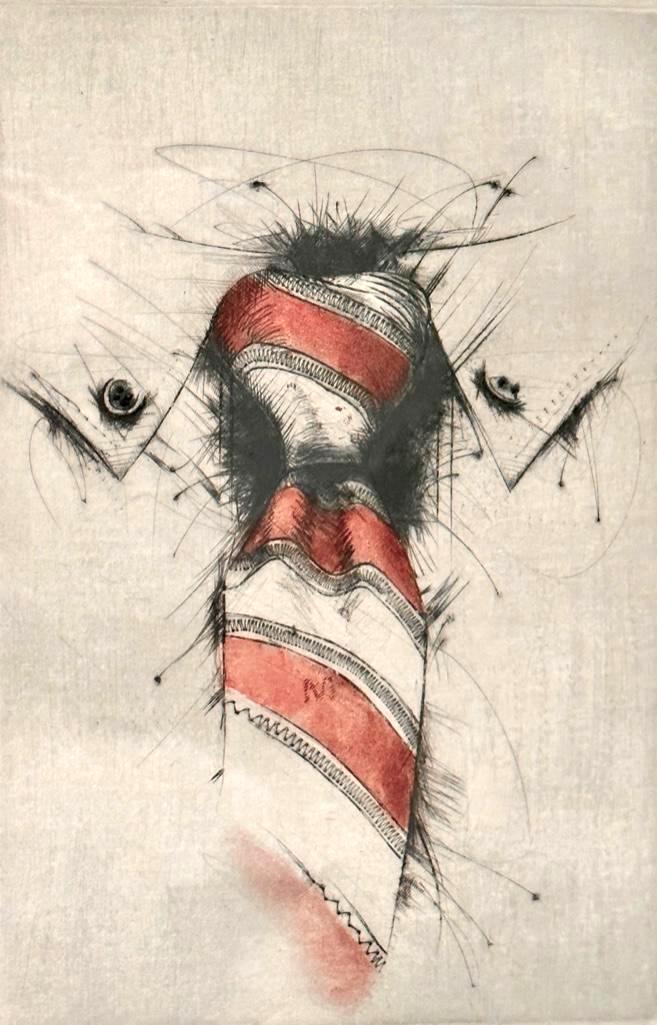 Michael Hoffman Etching, "Button Down Striped": Michael Hoffman (American, 20thc.) " Button Down Striped, " etching in color, with roulette, signed in pencil and numbered A/P, titled, matted and framed. Dimensions: 9 x 5.75 in. plate size,
