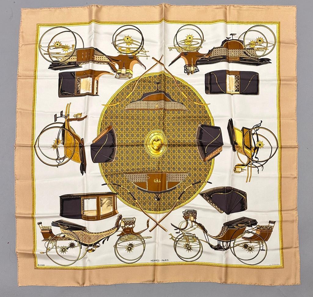 Hermes Silk Twill Scarf, " Les Voitures a Transformation ": Hermes Silk Twill Scarf, " Les Voitures a Transformation " designed by F. La Perriere, depicting antique carriages in white, tan, yellow, olive green and brown. Titled and signed Hermes-Paris,