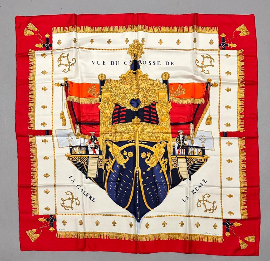 Hermes Silk Twill Scarf, " Vue de Carosse de la Galere la Reale ": Hermes Silk Twill Scarf, " Vue de Carosse de la Galere La Reale, " designed by Hugo Grygkar, depicting La Reale, a ship from the fleet of Louis XIV. Titled and signed Hermes-Paris, with Hermes