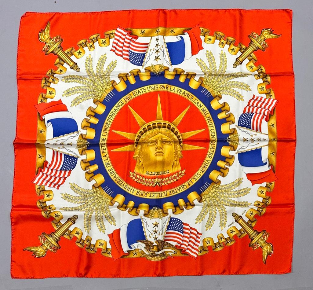 Hermes Silk Twill Scarf, " Liberty ": Hermes Silk Twill Scarf, " Liberty, " designed byn Joachim Metz, depicting the Statue of Liberty Centennial. Titled and signed Hermes-Paris, with Hermes copyright. Dimensions: 34.5 x 34 in.