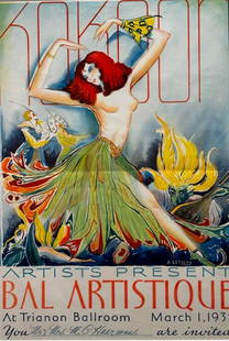 Auguste Leysens Lithograph Poster, "Kokoon Club Bal Artistique": Auguste Leysens (American 1888-1946) " Kokoon Artists Present Bal Artistique, " 1935, lithograph poster/invitation, published by Crane Howard Co. Inscribed in blue pencil for Mr. and Mrs. M.C.