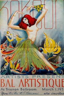 Auguste Leysens Lithograph Poster, "Kokoon Club Bal Artistique": Auguste Leysens (American 1888-1946) " Kokoon Artists Present Bal Artistique, " 1935, lithograph poster/invitation, published by Crane Howard Co. Inscribed in blue pencil for Mr. and Mrs.