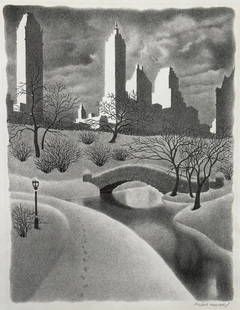 Ellison Hoover Lithograph, Central Park, New York: Ellison Hoover (American 1888-1955) Central Park, New York, in Snow, lithograph on paper, signed in pencil lower right, matted and framed. Dimensions: 12 x 9.25 in. image size, 20 x 17 in. as framed.