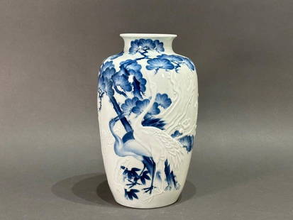 Japanese Hirado Ware Porcelain Vase, c.1900: Japanese Hirado Ware Porcelain Vase, c.1900? baluster form, the white ground molded and incised in relief with a crane under a plum tree, further decorated in underglaze blue with a crane and a plum t
