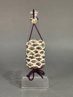 Japanese Glazed Oribe Ceramic Three Case Inro, Signed Ken'ya: Japanese Glazed Oribe Ceramic Three Case Inro, signed Ken'ya, glazed stoneware decorated with stylized pines in snow, in black green and mustard colored glaze, overglazed with opaque white, with m