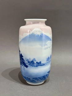 Japanese Porcelain Vase by Makuzu Kozan I, Mount Fuji: Japanese Porcelain Vase by Makuzu Kozan I, (Japanese 1842-1916), Mt. Fuji Ovoid shouldered vase on circular foot, depicting a landscape with Mount Fuji rising against a pale pink sky and clouds loomin