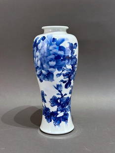 Japanese Sometsuke Vase by Makuzu Kozan II: Japanese Sometsuke Vase by Makuzu Kozan II (Japanese 1859-1940) Elegant tall baluster form decorated in underglaze blue to the white porcelain ground with large chrysanthemums in bloom on leafy stems.
