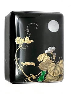 Japanese Lacquer Tebako, Evening Glory Under Full Moon: Japanese Lacquer Tebako, Evening Glory Under Full Moon, is an exquisite example of Japanese black lacquer with takamakie designs that recalls the work of Shibata Zeshin. The decorative, poetic 