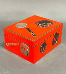 A Fine Japanese Red Lacquer Box with Sword Motifs by Mochizuki Hanzan: A Fine Japanese Red Lacquer Box, by Mochizuki Hanzan (Japanese 1743-1790) probably late 18thc. in date, with simulated sword motifs, the red lacquer exterior finely executed in lacquer with tsuba