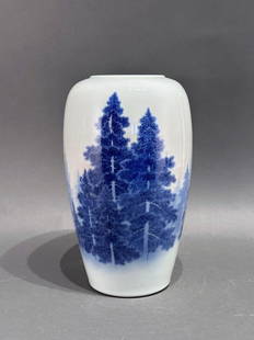 Japanese Blue and White Porcelain Vase by Makuzu Kozan II, c. 1917: Japanese Blue and White Porcelain Vase: Makuzu Kozan II (Japanese 1859-1940) c. 1917, represents the artist's studio. It is a finely potted vase decorated with a cedar forest painted in underglaze blu