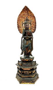 Japanese Carved and Gilded Wood Buddhist Sculpture, Kannon Bosatsu: Japanese Carved and Gilded Wood Buddhist Sculpture: Kannon Bosatsu, early 1700's in date, was probably carved for a private altar. It is slightly bowed in reverence with hands clasped in mudra