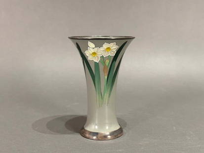 Japanese Ando Cloisonne Vase, Narcissus Flowers: Japanese Ando Cloisonne Vase, Narcissus Flowers, of cylindrical form flaring at mouth and foot, the gray-green celadon ground inlaid with narcissus blooms peeking out from leaves, the blooms fashioned