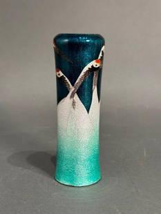 Japanese Ginbari Cloisonne Vase, Cranes: Japanese Ginbari Cloisonne Vase, decorated with Cranes, of shouldered tapering cylindrical form decorated with stylized cranes over the foil ground in silvery white shading to pale green, the birds wi