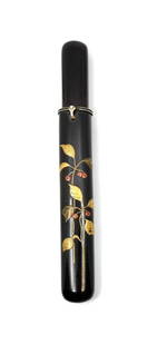 Japanese Lacquer Pipe Case (Kiseruzutsu): Japanese Lacquer: Pipe Case (Kiseruzutsu), probably late 19th century-early 20th century, the case is covered with black lacquer with gold and cinnabar in color. A branch of nandina plant, in gold rel