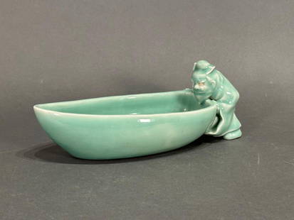 Japanese Celadon Brush Washer by Makuzu Kozan, Shoki Boat: Japanese Celadon Brush Washer by Makuzu Kozan, modeled as a Shoki and Boat, probably late 19th-early 20th century in date, is created from molded porcelain and glazed with a green celadon glaze. The e