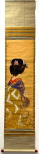 Japanese Scroll Painting of Maiko Playing Cards: Japanese Scroll Painting of Maiko Playing Cards is by the early 20th century Kyoto artist, Matsumoto Ichiyo (1893-1952). A geisha in training, the maiko, is playing with a western set of cards. Her po