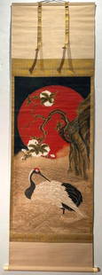 Japanese Scroll Painting of Crane and Sun: Japanese Scroll Painting of Crane and Sun, probably late 19th-early 20th century in date, is boldly painted with a red sun dominating the upper part of the scroll and the crane standing in water