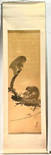 Japanese Scroll Painting, "Three Monkeys" Kakemon, 18th century: Japanese Scroll Painting,"Three Monkeys", Kakemon, 18th century, is watercolor on silk. Possibly by Ueda Tangai (Japanese 1863-1939), whose real name is Miyatake Masatoshi was from Shikoku,