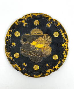 Japanese Imperial Mixed Metal Plate, Attributed Komai Workshop: Japanese Imperial Mixed Metal Plate, Attributed Komai Workshop, scalloped small dish decorated in gold over the iron form with a view of pavilions over Lake Biwa on calm waters, and a with a view of t